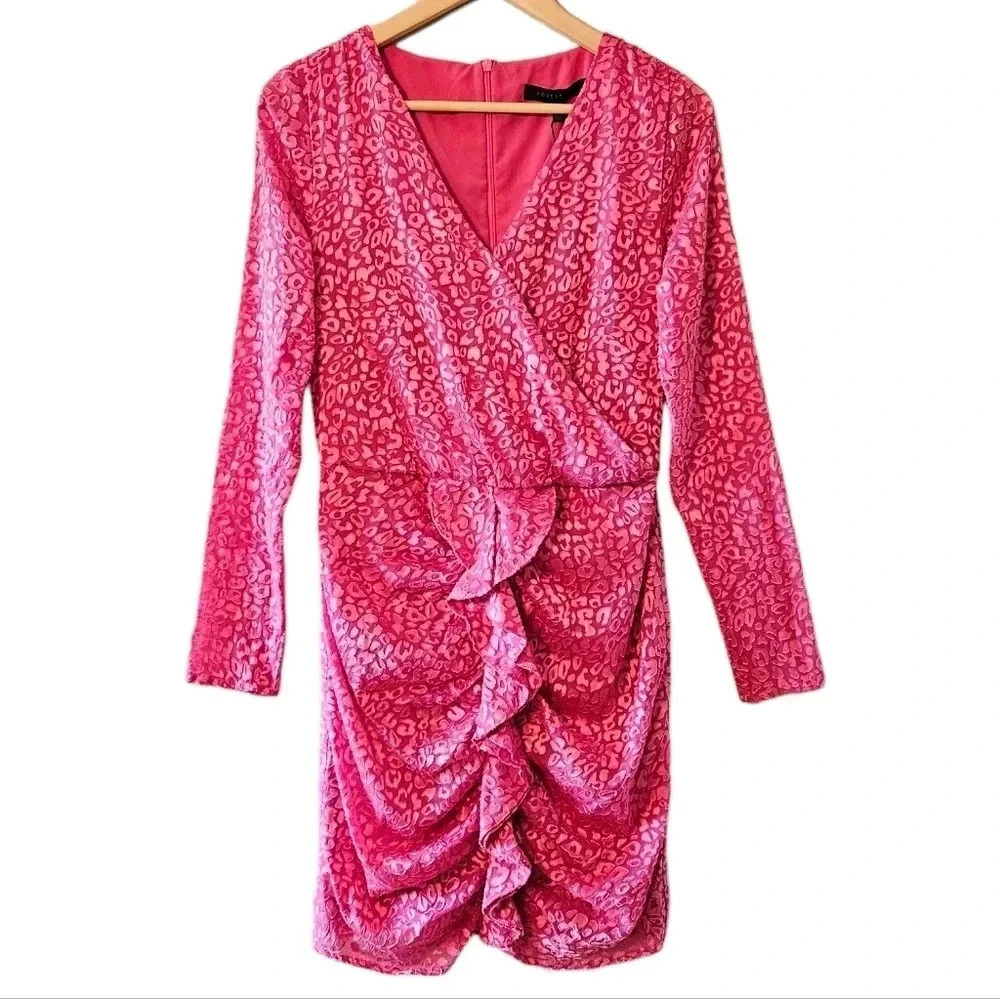 Forest lily Printed Ruched Animal Print Long Sleeve Feminine Mini Dress Pink 6. - Picture 2 of 16